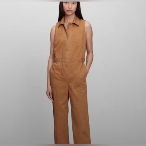 GAP Sleeveless Dark Camel Zip Front Jumpsuit 6 - Picture 1 of 5
